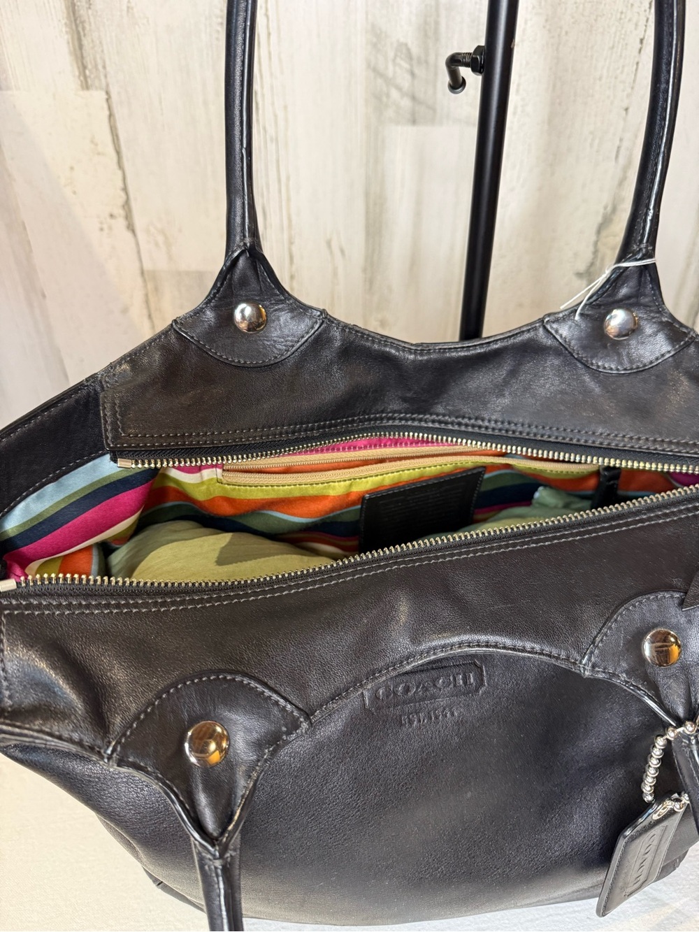 COACH Bleeker Black Leather Shoulder Tote with Legacy Stripe Lining 09’ 14383 - Picture 2 of 9